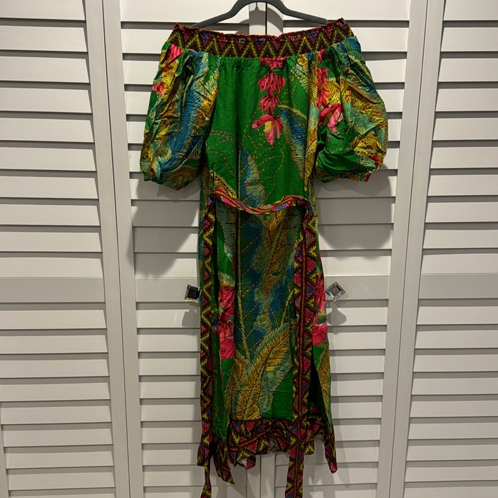 FARM Rio NWT Banana Leaves Off the Shoulder Midi Dress W/Belt and Puff Sleeves. - Picture 9 of 14